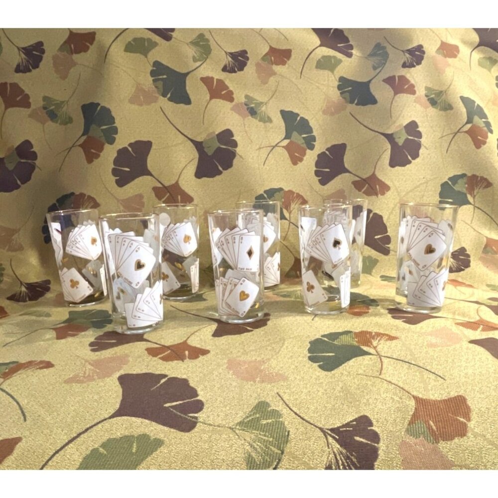 8 pc Set Vtg. Highball Glasses, Gambling, Poker, Cards, Man Cave EUC! Gold Trim